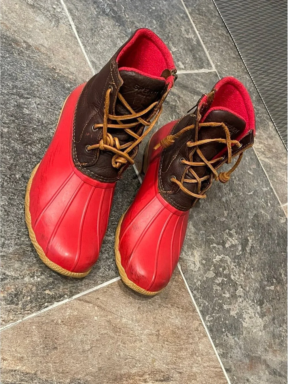 Sperry Saltwater Red Brown Duck Rain Boots Size 9.5